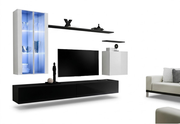 Wohn Zimmer Schwarz TV-Ständer Designer Komplett Set Wandregal Modern Neu Möbel