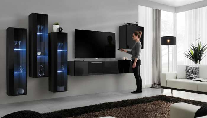 Schwarz Wohnwand Wohnzimmer Set Vitrine Schrank Wandregal 5tlg. Einrichtung