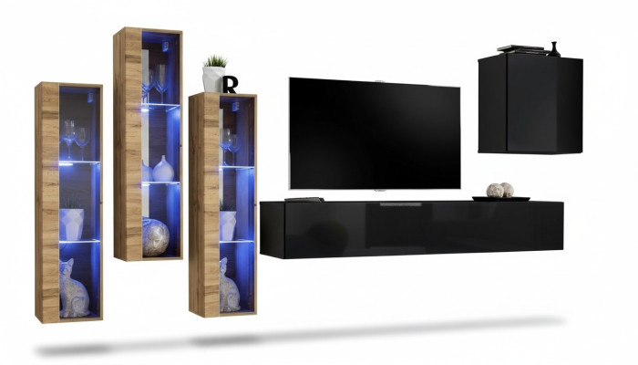 Wohnwand Möbel Wohnzimmer Luxus Hochglanz TV Ständer Schwarz Holz Komplett Neu