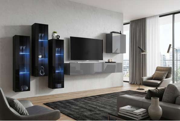 Designer Grau Wohnwand TV Ständer Komplett Hochglanz Sideboard Wand Schrank