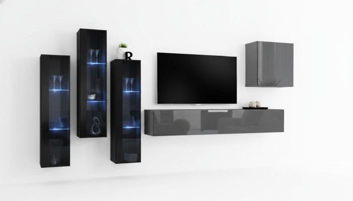 Designer Grau Wohnwand TV Ständer Komplett Hochglanz Sideboard Wand Schrank