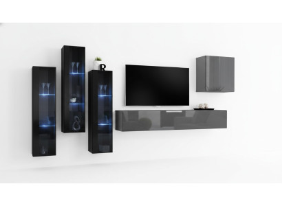 Designer Grau Wohnwand TV Ständer Komplett Hochglanz Sideboard Wand Schrank