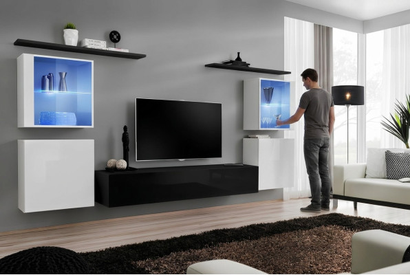 Holzmöbel Schwarz Wohnwand Wohnzimmer Wandregale Luxus Einrichtung Schrank Neu