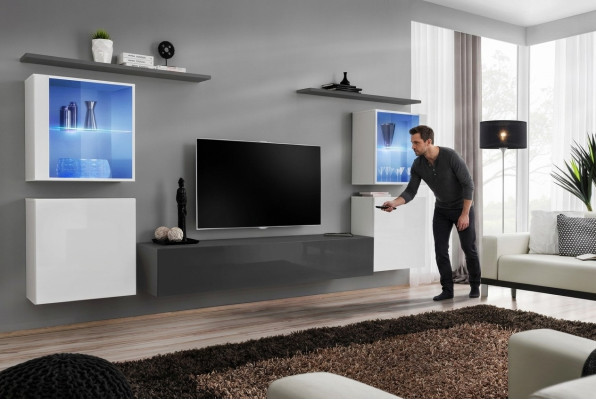 Set 7tlg. Wohnwand Luxus Sideboard TV Ständer Lowboard Wand Regale Wandschrank