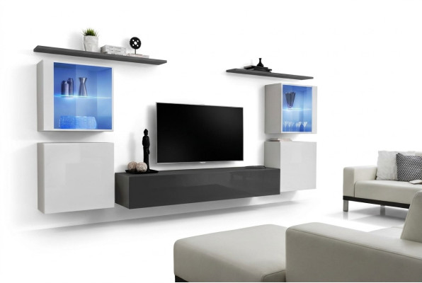 Set 7tlg. Wohnwand Luxus Sideboard TV Ständer Lowboard Wand Regale Wandschrank