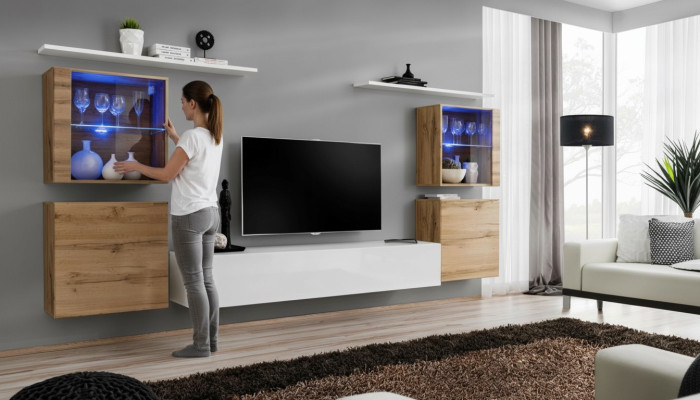 Luxus Weiß Wohnwand Wohnzimmer Designer Gruppe Modern Möbel TV Ständer