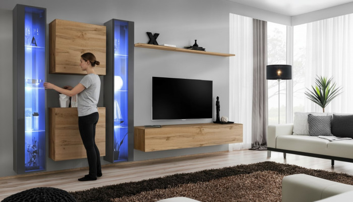 Komplett Braun Wohnwand Set Hänge Vitrine Wand Schrank Einrichtung Modern Design