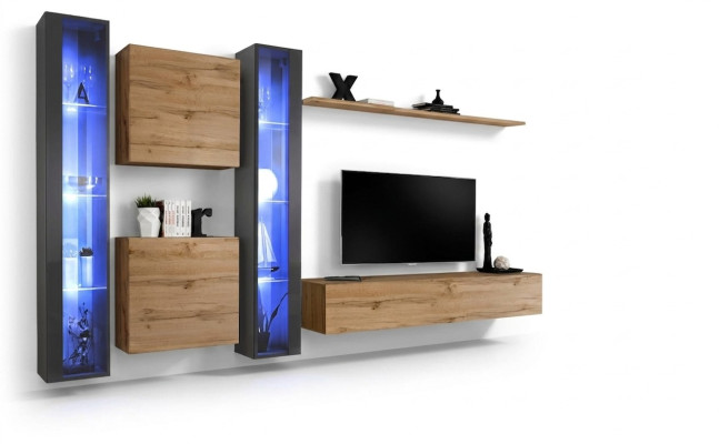 Komplett Braun Wohnwand Set Hänge Vitrine Wand Schrank Einrichtung Modern Design