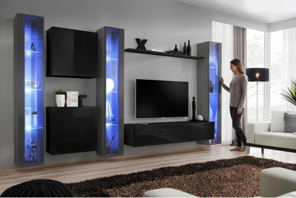 Holzmöbel Komplett Wohnwand Set Wand Schrank Luxus Vitrine Einrichtung