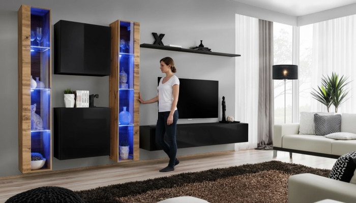 Wohnwand Wandschrank Modern Design TV-Ständer Schwarz Wohnzimmermöbel Komplett