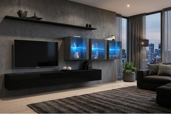 Wohnwand Set 7tlg Modern Wohnzimmermöbel TV-Ständer Design Wand Regale Komplett