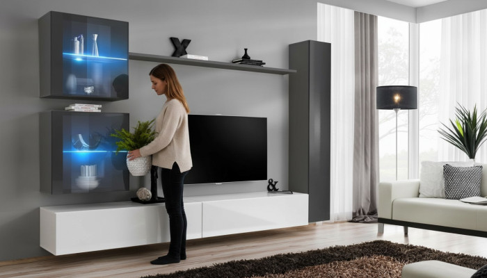 Designer Wohnwand Modern TV-Ständer Wohnmöbel Grau Einrichtung Sideboard