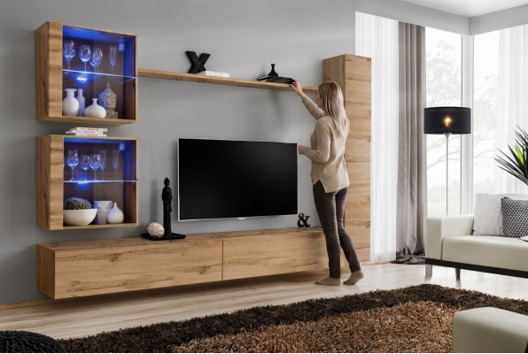 Braun Wohnwand Hänge Schrank Designer TV-Ständer Einrichtung Regal Modern