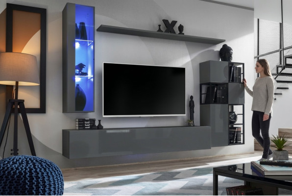 Designer Grau Wohnwand Hänge VitrineTV Ständer Komplett Hochglanz Sideboard