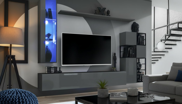 Designer Grau Wohnwand Hänge VitrineTV Ständer Komplett Hochglanz Sideboard