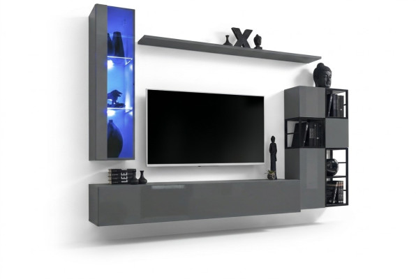 Designer Grau Wohnwand Hänge VitrineTV Ständer Komplett Hochglanz Sideboard