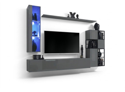 Designer Grau Wohnwand Hänge VitrineTV Ständer Komplett Hochglanz Sideboard