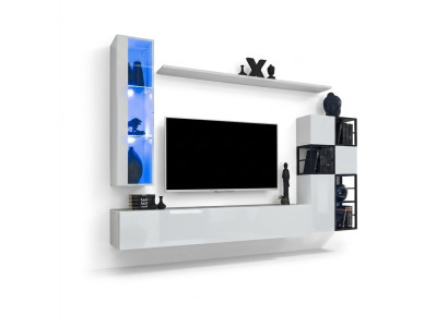 Hänge Vitrine Weiß Wohnwand Designer TV Ständer Komplett 9tlg Holzmöbel Regale