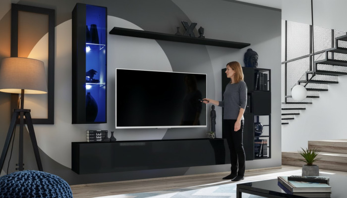 Garnitur Wohnzimmer Wohnwand 250 cm Schwarz Einrichtung Holzmöbel Wandschrank