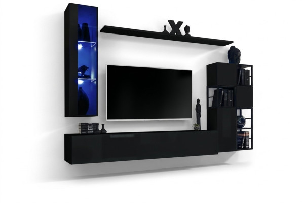 Garnitur Wohnzimmer Wohnwand 250 cm Schwarz Einrichtung Holzmöbel Wandschrank