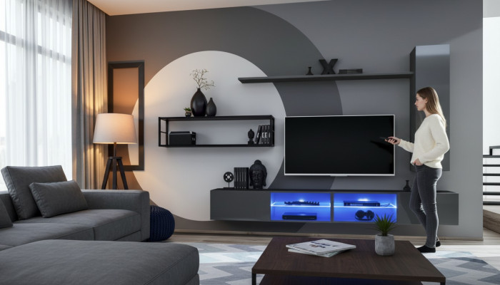 Grau Komplett Wohnwand Wohnzimmermöbel Luxus Wandschrank Wand Regale Neu
