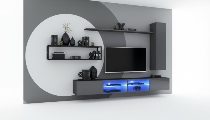 Grau Komplett Wohnwand Wohnzimmermöbel Luxus Wandschrank Wand Regale Neu