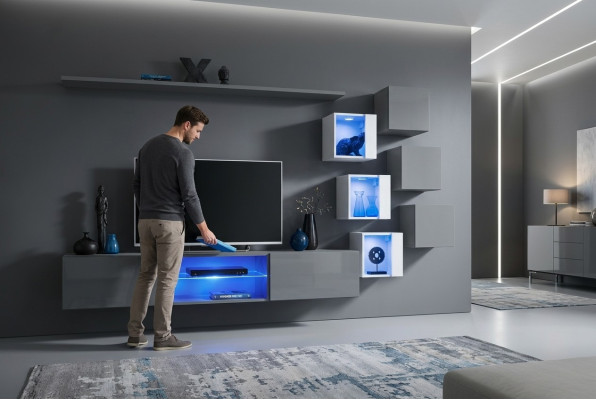 Luxus Designer Wohnwand Möbel Grau Wand Regal Wandschrank Einrichtung Garnitur