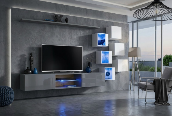 Luxus Designer Wohnwand Möbel Grau Wand Regal Wandschrank Einrichtung Garnitur