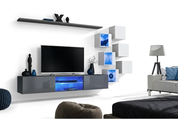 Luxus Designer Wohnwand Möbel Grau Wand Regal Wandschrank Einrichtung Garnitur