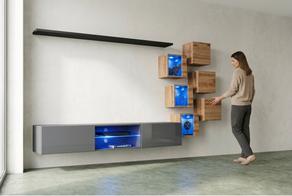 Set 8tlg Designer Wohnwand Grau Einrichtung Holzmöbel Wandschrank Neu