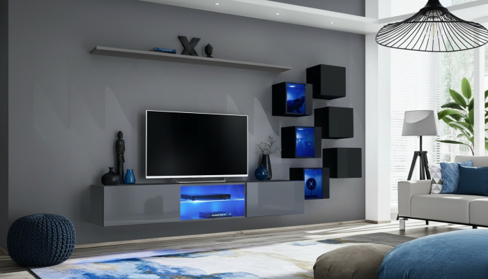 Set Modern Grau Einrichtung Wohnwand TV-Ständer Sideboard Holzmöbel Wandschrank