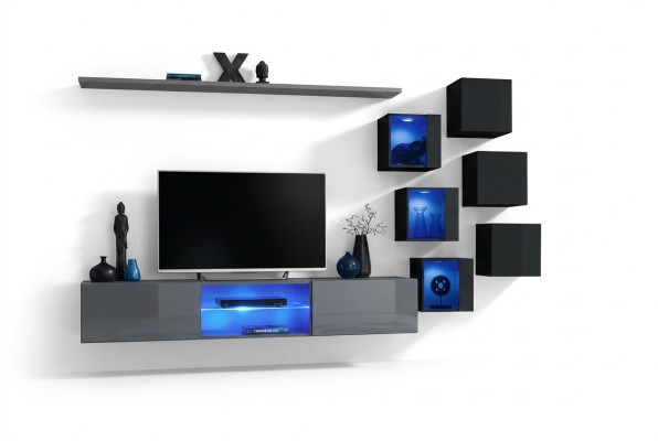Set Modern Grau Einrichtung Wohnwand TV-Ständer Sideboard Holzmöbel Wandschrank