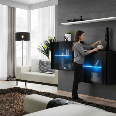 Schwarz Wandschrank Komplett Wohnwand Wand Regal Modern Designer Holzmöbel