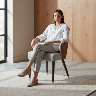 Luxus Stuhl mit Armlehnen Grau Polstersitz Modern Esszimmer Designer Möbel