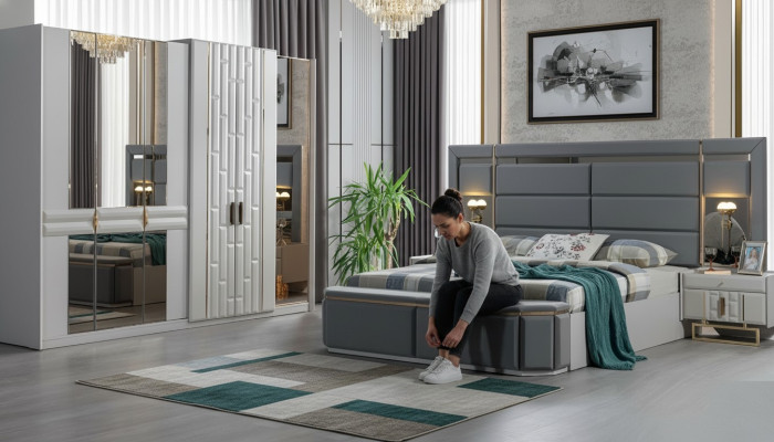 Komplett Schlafzimmer Möbel Set Bett 2x Nachttisch Kleiderschrank Neu