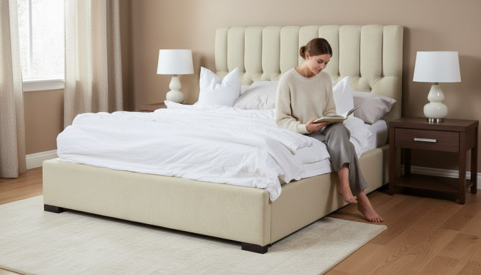 Bett Beige Doppelbett Holz Modern Betten Luxus Stoff Bett Schlafzimmer