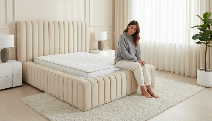 Luxus Schlafzimmer Bett Doppelbett Holz Polster Betten Bettrahmen beige