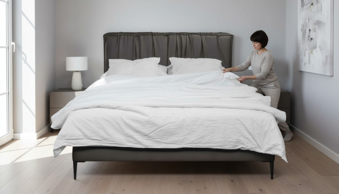 Graues Doppelbett Polster Betten Bettkasten Design Eleganter Stoff Bett
