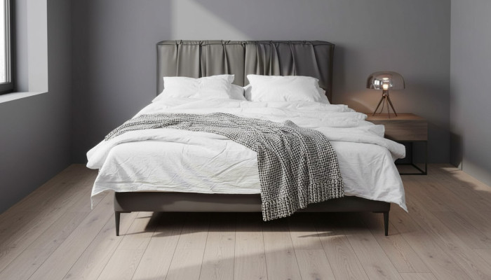 Graues Doppelbett Polster Betten Bettkasten Design Eleganter Stoff Bett