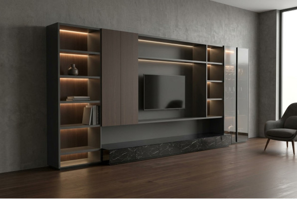 Moderne Wohnwand Wohnzimmer Schrankwand Modern braun Holz Schrank