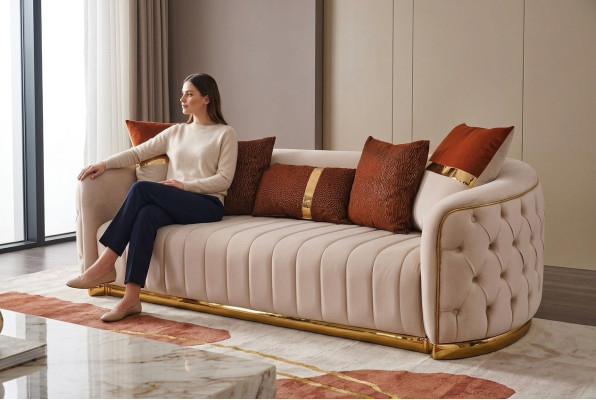 Beige Textil Dreisitzer Moderne Designer Luxus Couch Chesterfield Beige