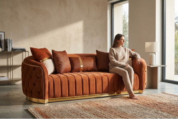Orange Textil Dreisitzer Moderne Designer Luxus Couch Sofa Samt Chesterfield