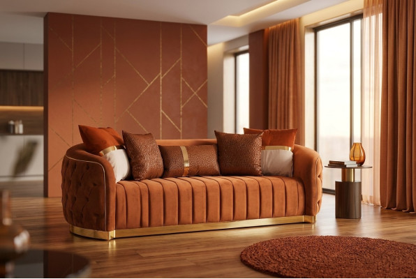 Orange Textil Dreisitzer Moderne Designer Luxus Couch Sofa Samt Chesterfield