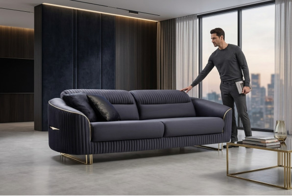 Sofa 3 Sitzer Polstersofa blau Textil Sitz Design Couch Modern Neu