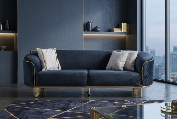 Modern Neu Sofa 3 Sitzer Polstersofa Blau Textil Sitz Design Couch