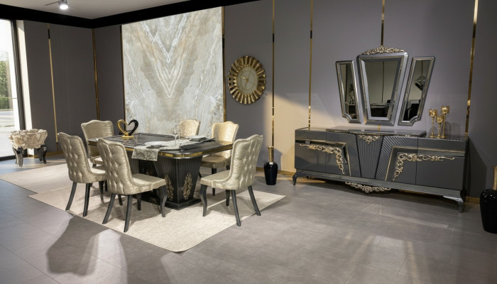 Esszimmer Set 9 tlg. Esstisch + 6x Stühle Anrichte mit Spiegel Grau neu