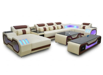 Wohnzimmer set Ecksofa U-Form beige Couchtisch TV Ständer Polster Beleuchtet