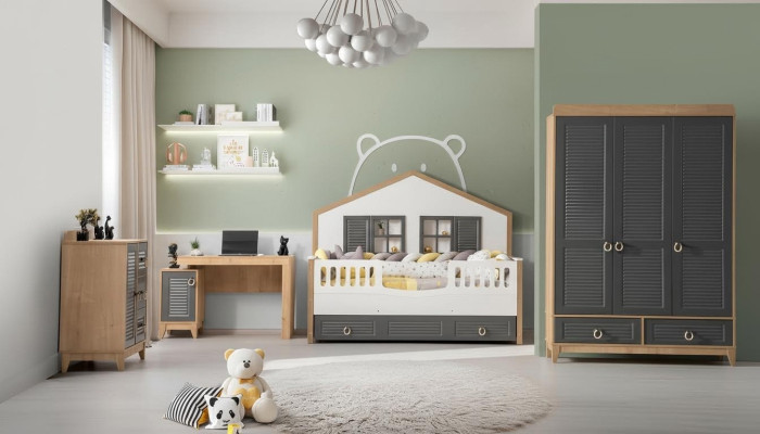 luxuriös Komplette Kindermöbel Bett Holz Set 4tlg Kinderzimmer Grau