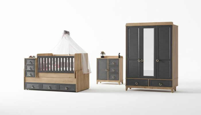 Stilvoll Kinderzimmermöbel Kinderzimmer Kinderbett Grau Holz Set 4tlg