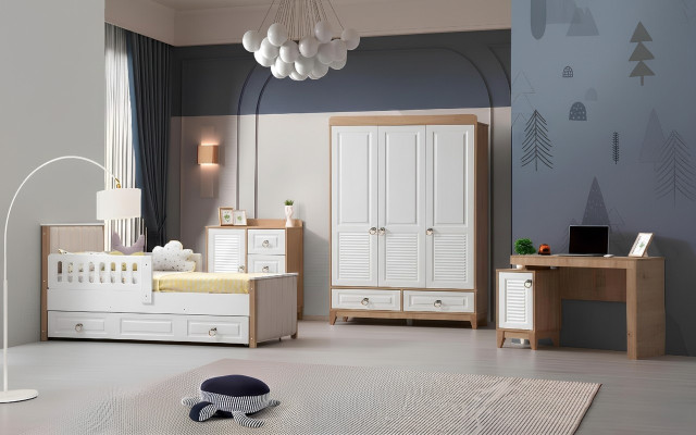 Modern Kinderzimmer Set Bett Kleiderschrank Kommode Schreibtisch Helles